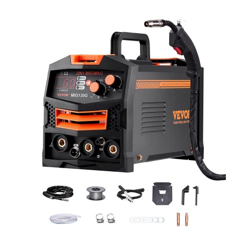 VEVOR MIG Welder, 130A Synergic Mig Welding Machine, 2-in-1 Gas MIG/Gasless Flux Core MIG Multi-Process Welder Machine, 110V Portable Mig Welder with IGBT Inverter Technology & Digital Display Screen