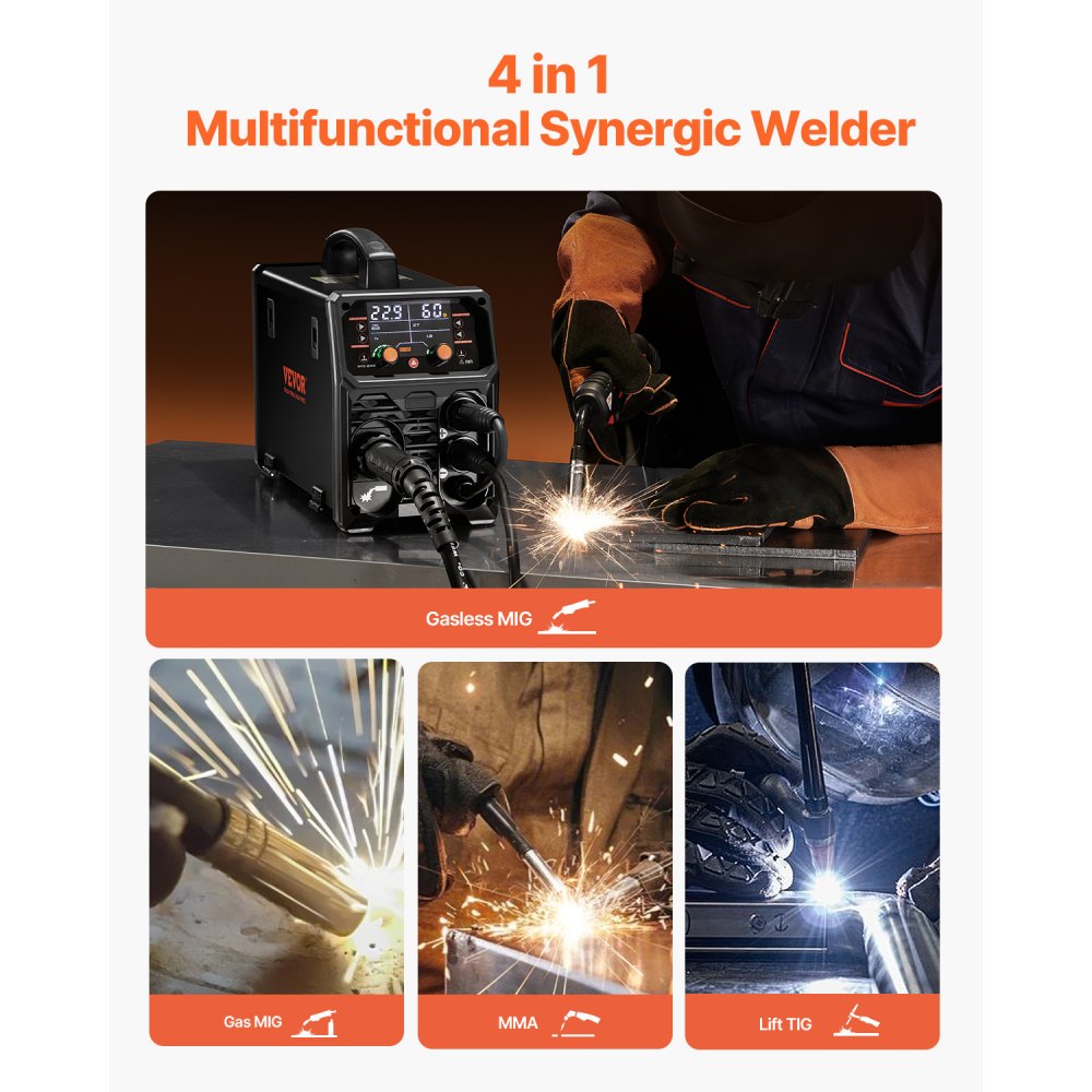 VEVOR MIG Welder, 200A Synergic Mig Welding Machine, 4-in-1 Gas MIG/Flux Core MIG/Stick/Lift TIG Multi-Process Welder Machine with IGBT Inverter Technology and LCD Screen Display