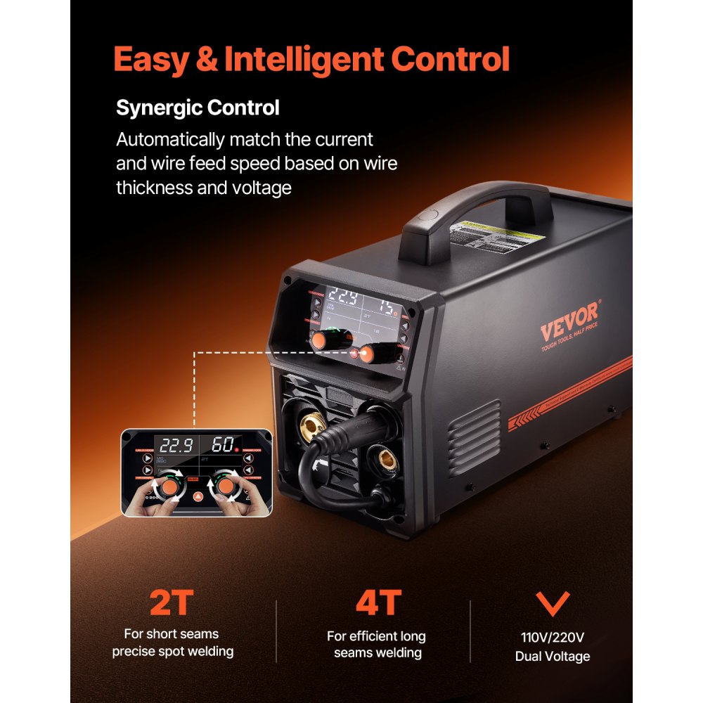 VEVOR MIG Welder, 200A Synergic Mig Welding Machine, 4-in-1 Gas MIG/Flux Core MIG/Stick/Lift TIG Multi-Process Welder Machine with IGBT Inverter Technology and LCD Screen Display