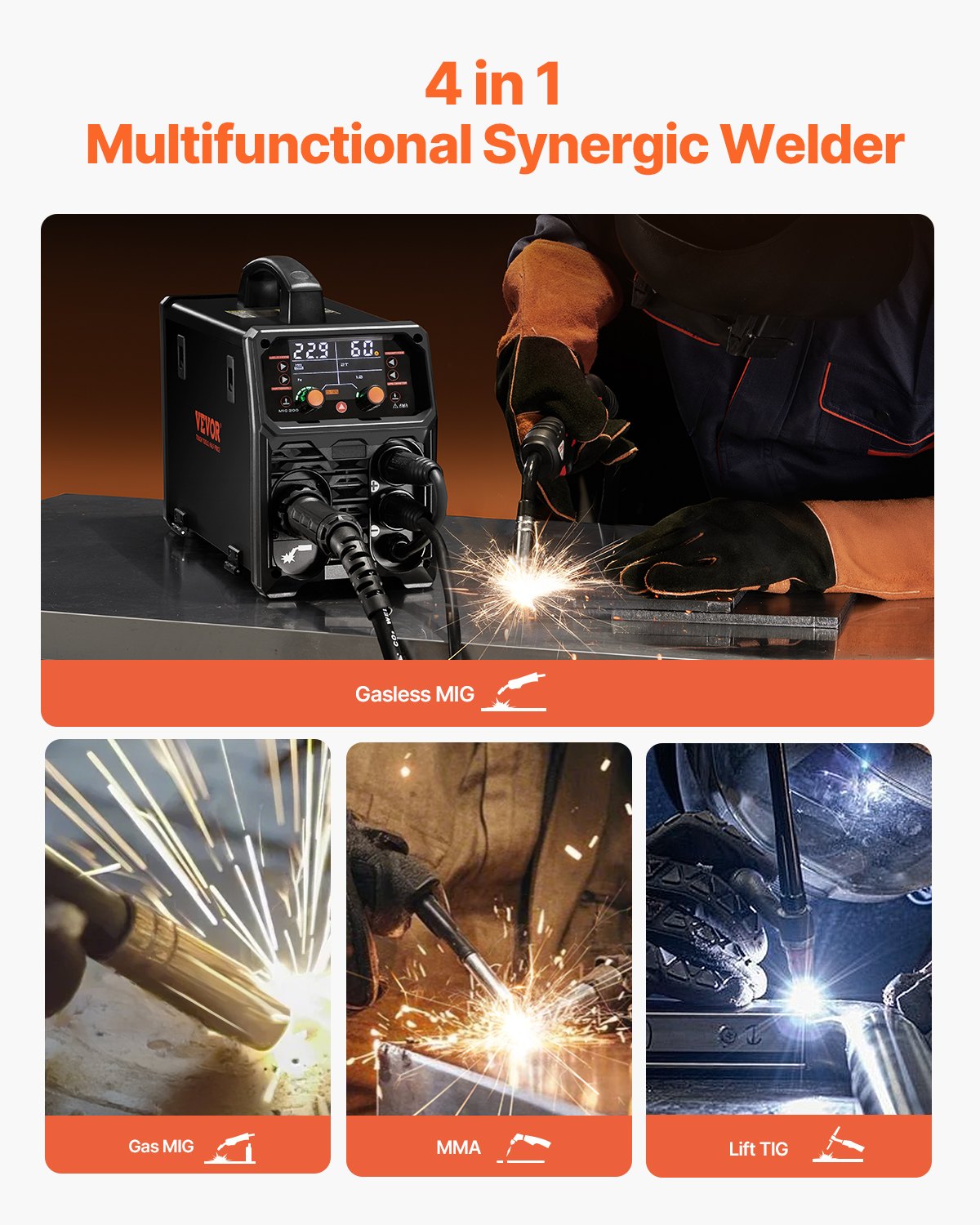 VEVOR MIG Welder, 200A Synergic Mig Welding Machine, 4-in-1 Gas MIG/Flux Core MIG/Stick/Lift TIG Multi-Process Welder Machine with IGBT Inverter Technology and LCD Screen Display