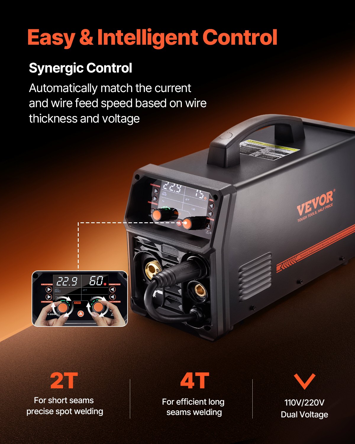 VEVOR MIG Welder, 200A Synergic Mig Welding Machine, 4-in-1 Gas MIG/Flux Core MIG/Stick/Lift TIG Multi-Process Welder Machine with IGBT Inverter Technology and LCD Screen Display