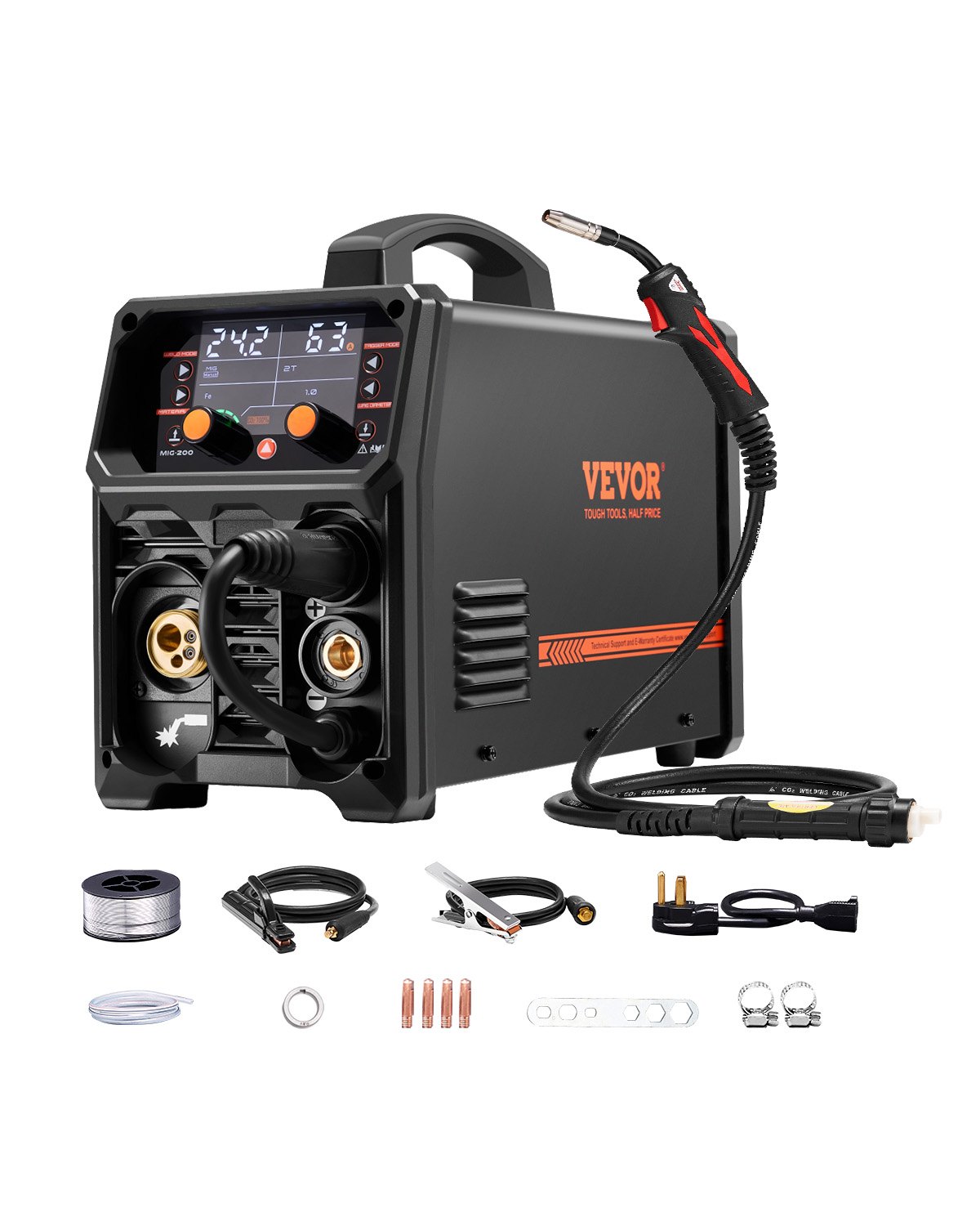 VEVOR MIG Welder, 200A Synergic Mig Welding Machine, 4-in-1 Gas MIG/Flux Core MIG/Stick/Lift TIG Multi-Process Welder Machine with IGBT Inverter Technology and LCD Screen Display