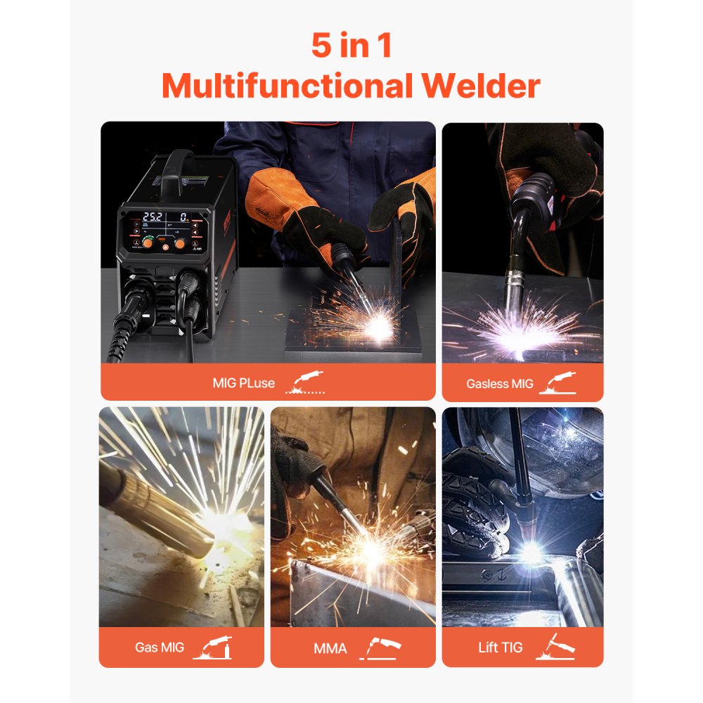 VEVOR Pro MIG Welder, 200Amp Pluse Mig Welding Machine, 5-in-1 Welder Machine MIG Pluse/Gas MIG/Flux Core MIG/Stick/Lift TIG with IGBT Inverter Technology and LCD Screen Display