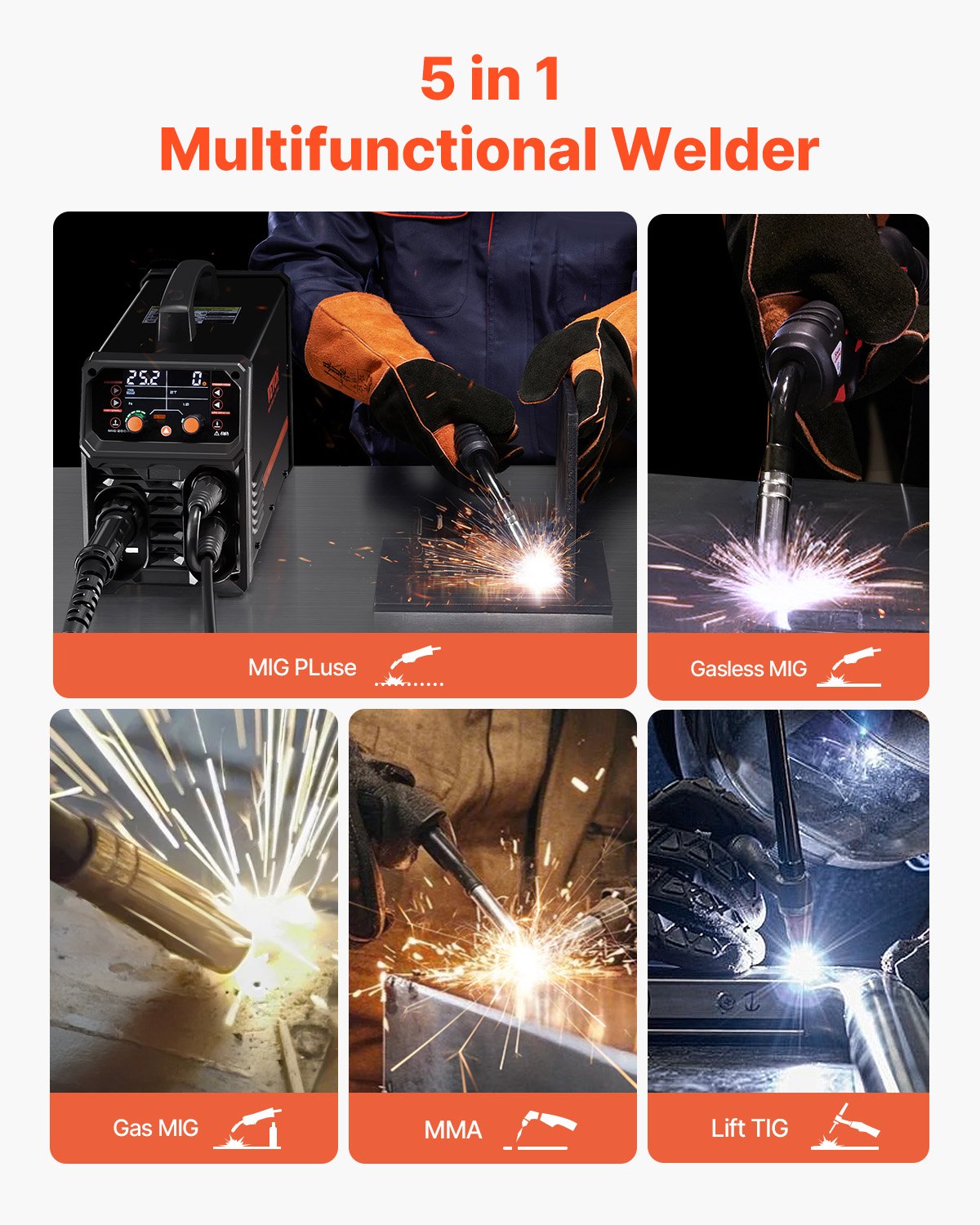 VEVOR Pro MIG Welder, 200Amp Pluse Mig Welding Machine, 5-in-1 Welder Machine MIG Pluse/Gas MIG/Flux Core MIG/Stick/Lift TIG with IGBT Inverter Technology and LCD Screen Display