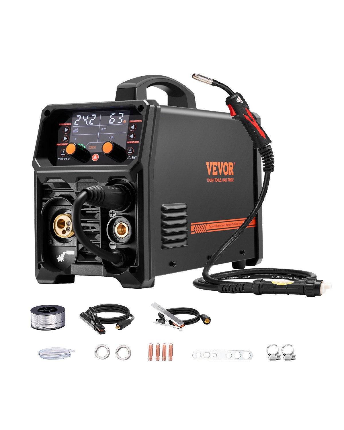 VEVOR Pro MIG Welder, 250A Pluse Mig Welding Machine, 5-in-1 Synergic Welder Machine MIG Pluse/Gas MIG/Flux Core MIG/Stick/Lift TIG, 110V/220V Dual Voltage Aluminum Mig Welder with LCD Screen Display