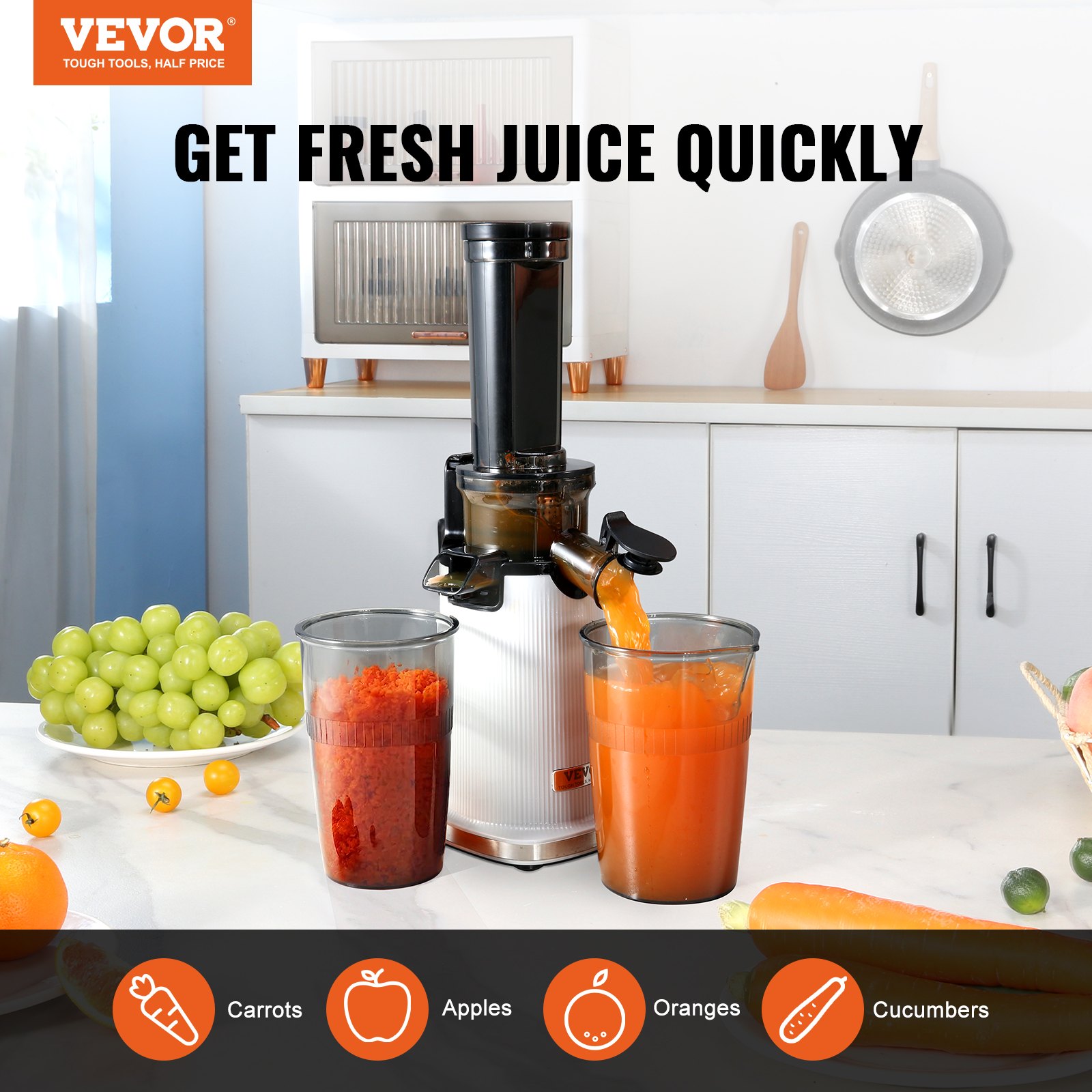 VEVOR Masticating Juicer, Cold Press Juicer Machine, 1.3" Feed Chute Slow Juicer, Juice Extractor Maker with High Juice Yield, Easy to Clean with Brush, for High Nutrient Fruits Vegetables