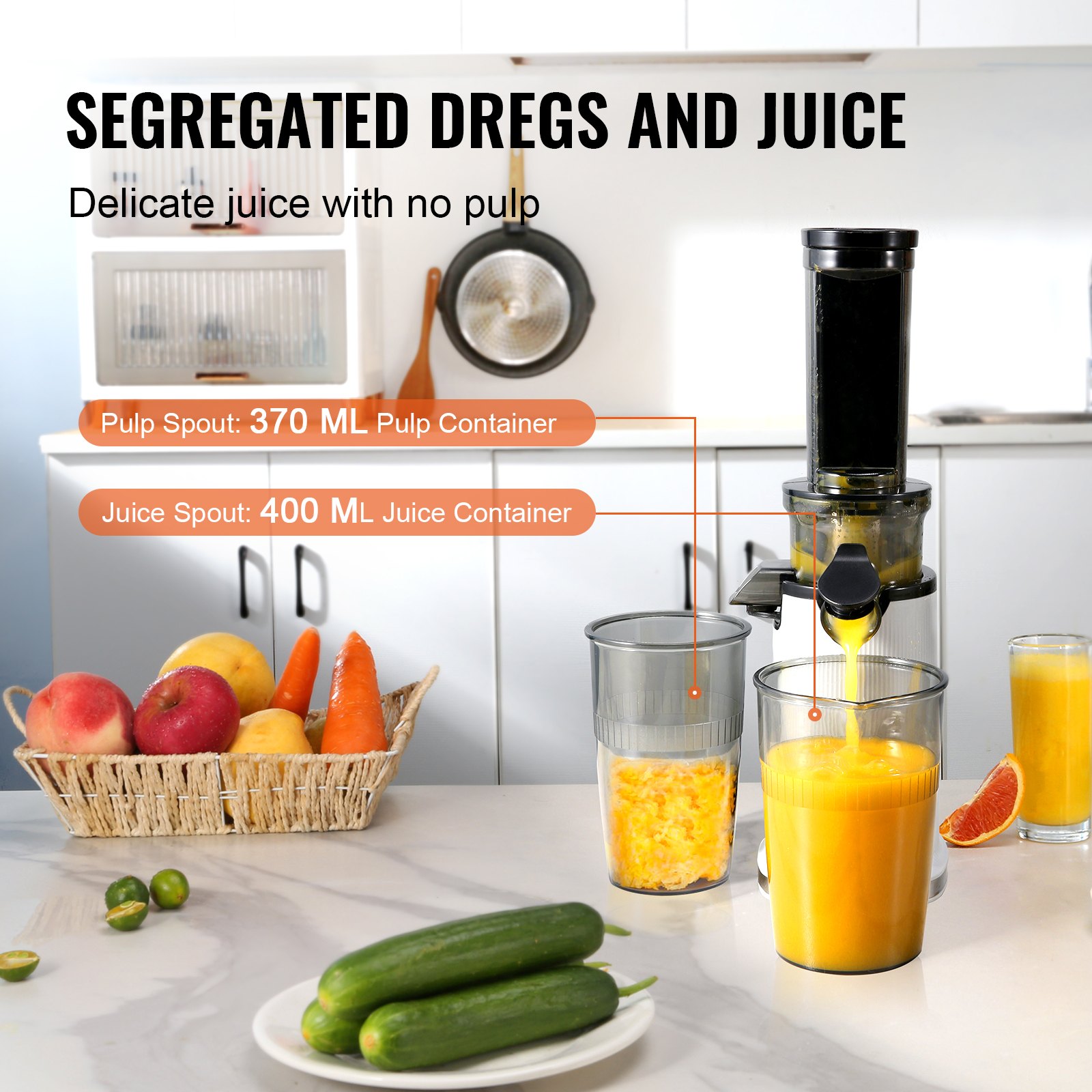 VEVOR Masticating Juicer, Cold Press Juicer Machine, 1.3" Feed Chute Slow Juicer, Juice Extractor Maker with High Juice Yield, Easy to Clean with Brush, for High Nutrient Fruits Vegetables