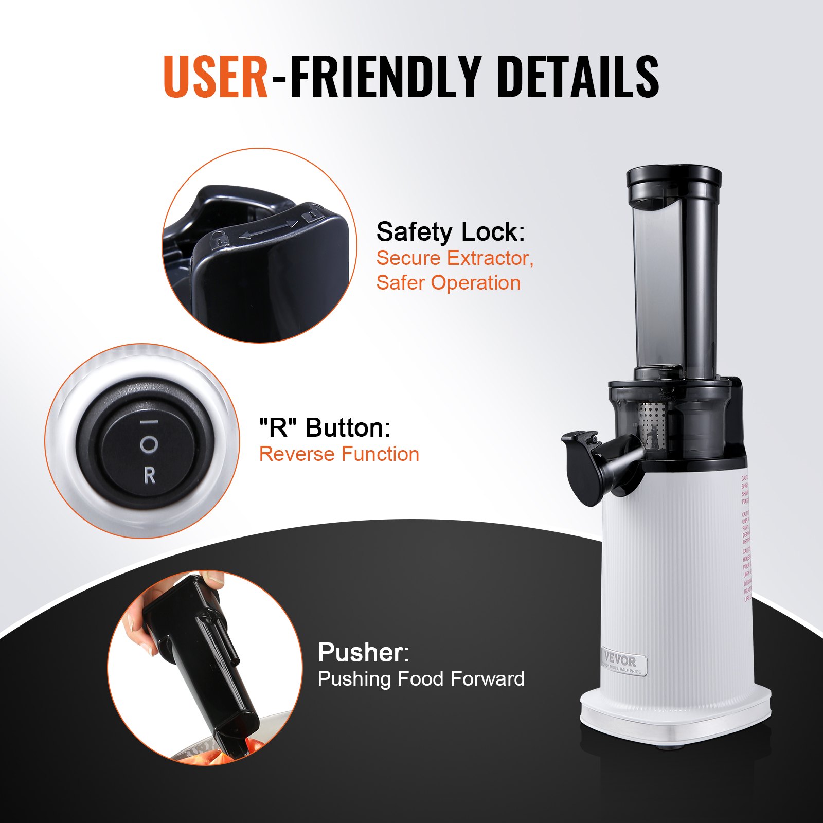 VEVOR Masticating Juicer, Cold Press Juicer Machine, 1.3" Feed Chute Slow Juicer, Juice Extractor Maker with High Juice Yield, Easy to Clean with Brush, for High Nutrient Fruits Vegetables