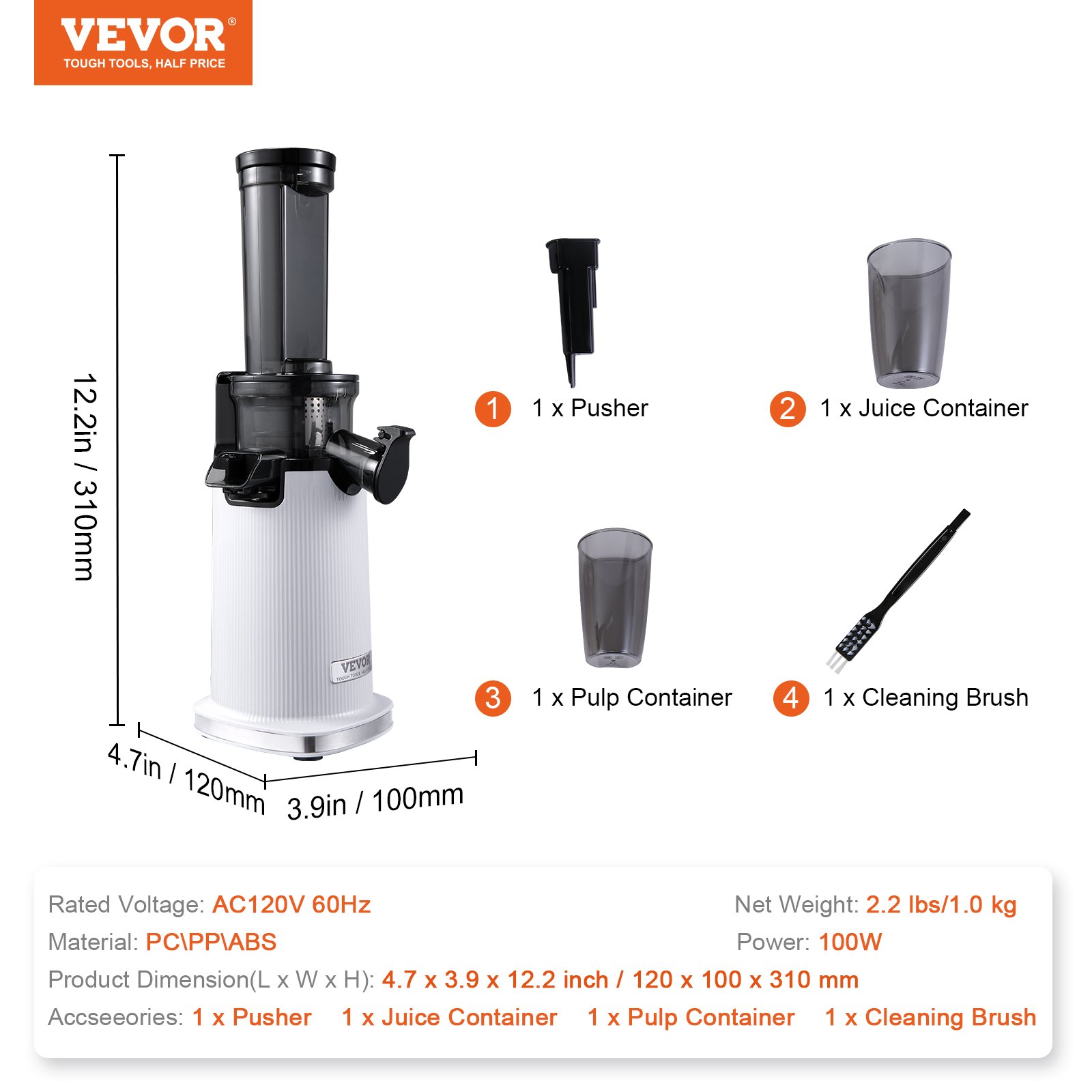 VEVOR Masticating Juicer, Cold Press Juicer Machine, 1.3" Feed Chute Slow Juicer, Juice Extractor Maker with High Juice Yield, Easy to Clean with Brush, for High Nutrient Fruits Vegetables