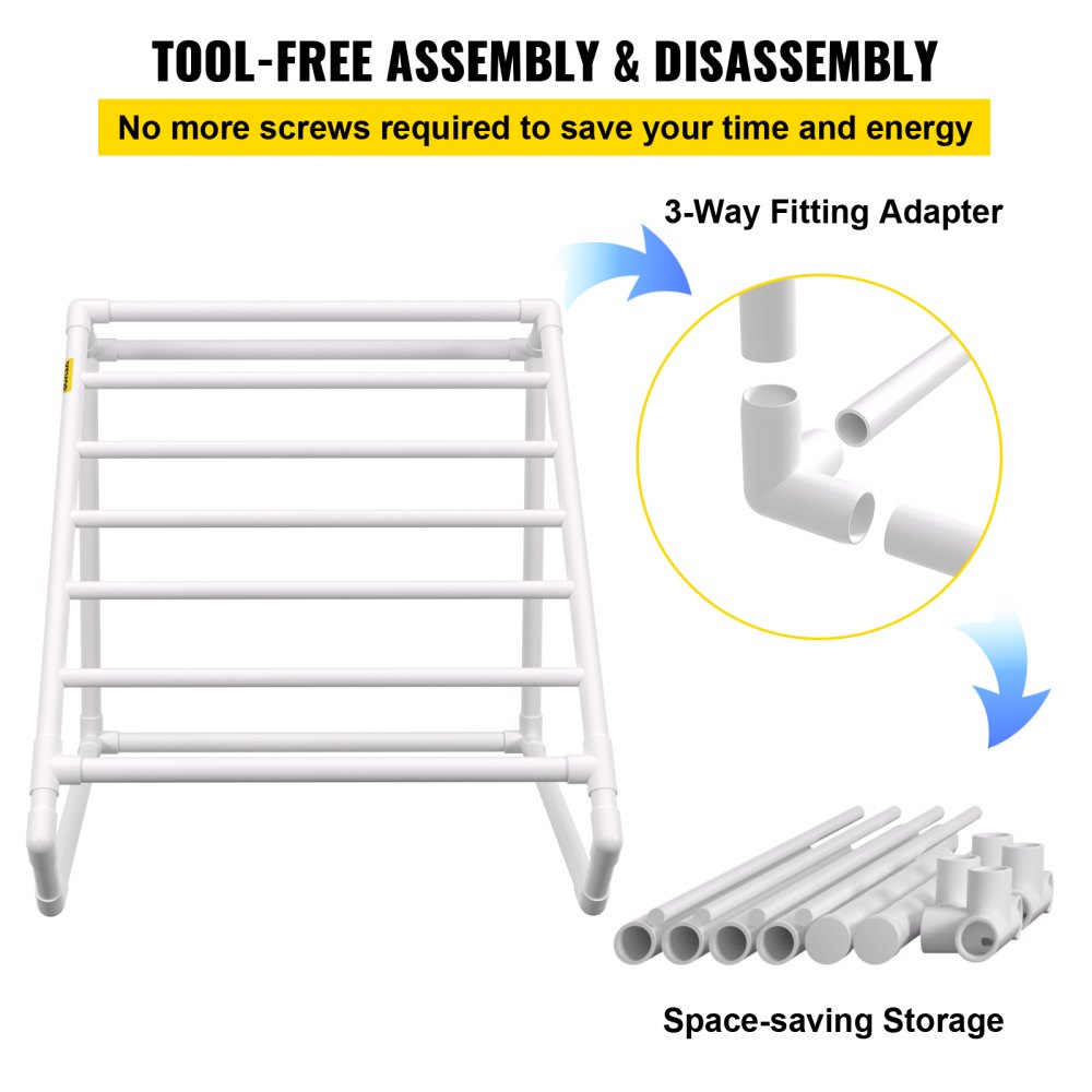 VEVOR Pool Towel Rack, 8 Bar, White, Freestanding Outdoor PVC Triangular Poolside Storage Organizer, Include 8 Towel Clips, Mesh Bag, Hook, Also Stores Floats and Paddles, for Beach, Swimming Pool
