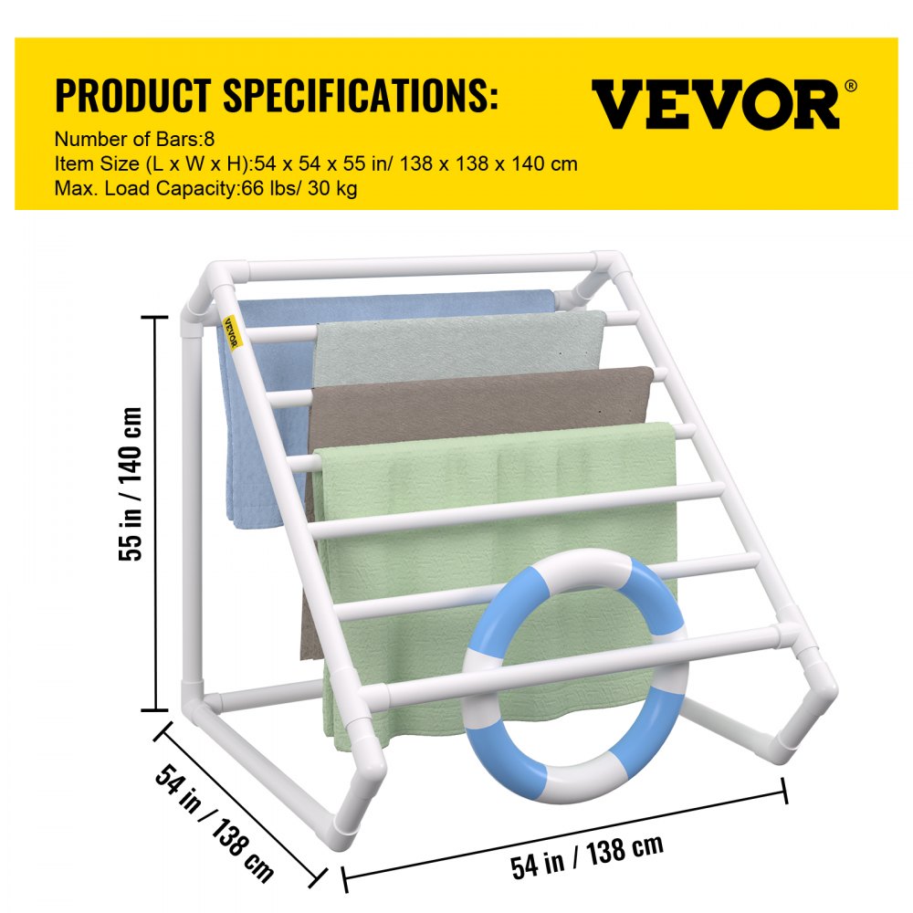 VEVOR Pool Towel Rack, 8 Bar, White, Freestanding Outdoor PVC Triangular Poolside Storage Organizer, Include 8 Towel Clips, Mesh Bag, Hook, Also Stores Floats and Paddles, for Beach, Swimming Pool