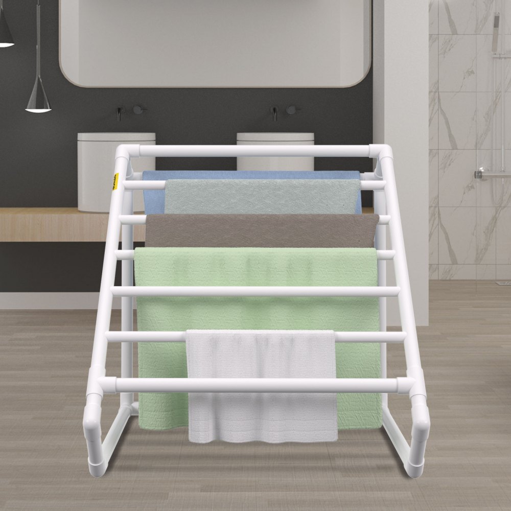 VEVOR Pool Towel Rack, 8 Bar, White, Freestanding Outdoor PVC Triangular Poolside Storage Organizer, Include 8 Towel Clips, Mesh Bag, Hook, Also Stores Floats and Paddles, for Beach, Swimming Pool