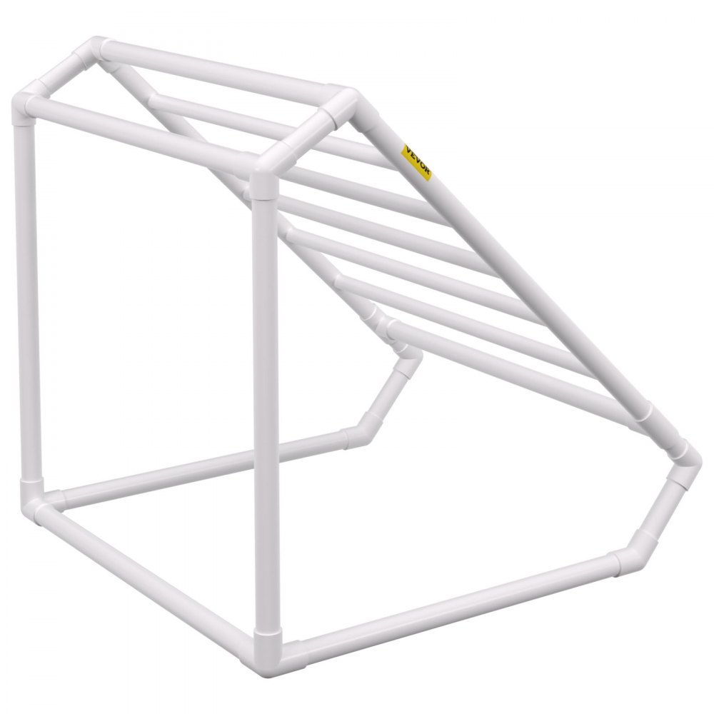 VEVOR Pool Towel Rack, 8 Bar, White, Freestanding Outdoor PVC Triangular Poolside Storage Organizer, Include 8 Towel Clips, Mesh Bag, Hook, Also Stores Floats and Paddles, for Beach, Swimming Pool