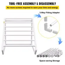 VEVOR Pool Towel Rack, 8 Bar, White, Freestanding Outdoor PVC Triangular Poolside Storage Organizer, Include 8 Towel Clips, Mesh Bag, Hook, Also Stores Floats and Paddles, for Beach, Swimming Pool
