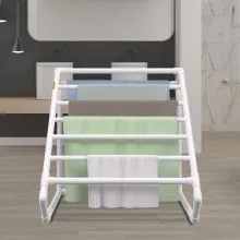 VEVOR Pool Towel Rack, 8 Bar, White, Freestanding Outdoor PVC Triangular Poolside Storage Organizer, Include 8 Towel Clips, Mesh Bag, Hook, Also Stores Floats and Paddles, for Beach, Swimming Pool