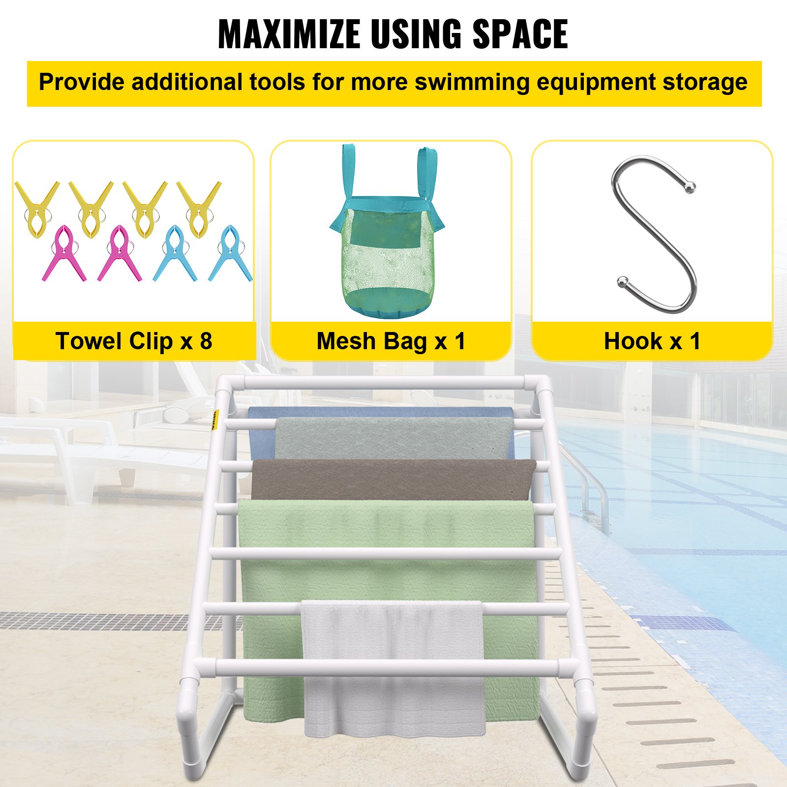 VEVOR Pool Towel Rack, 8 Bar, White, Freestanding Outdoor PVC Triangular Poolside Storage Organizer, Include 8 Towel Clips, Mesh Bag, Hook, Also Stores Floats and Paddles, for Beach, Swimming Pool