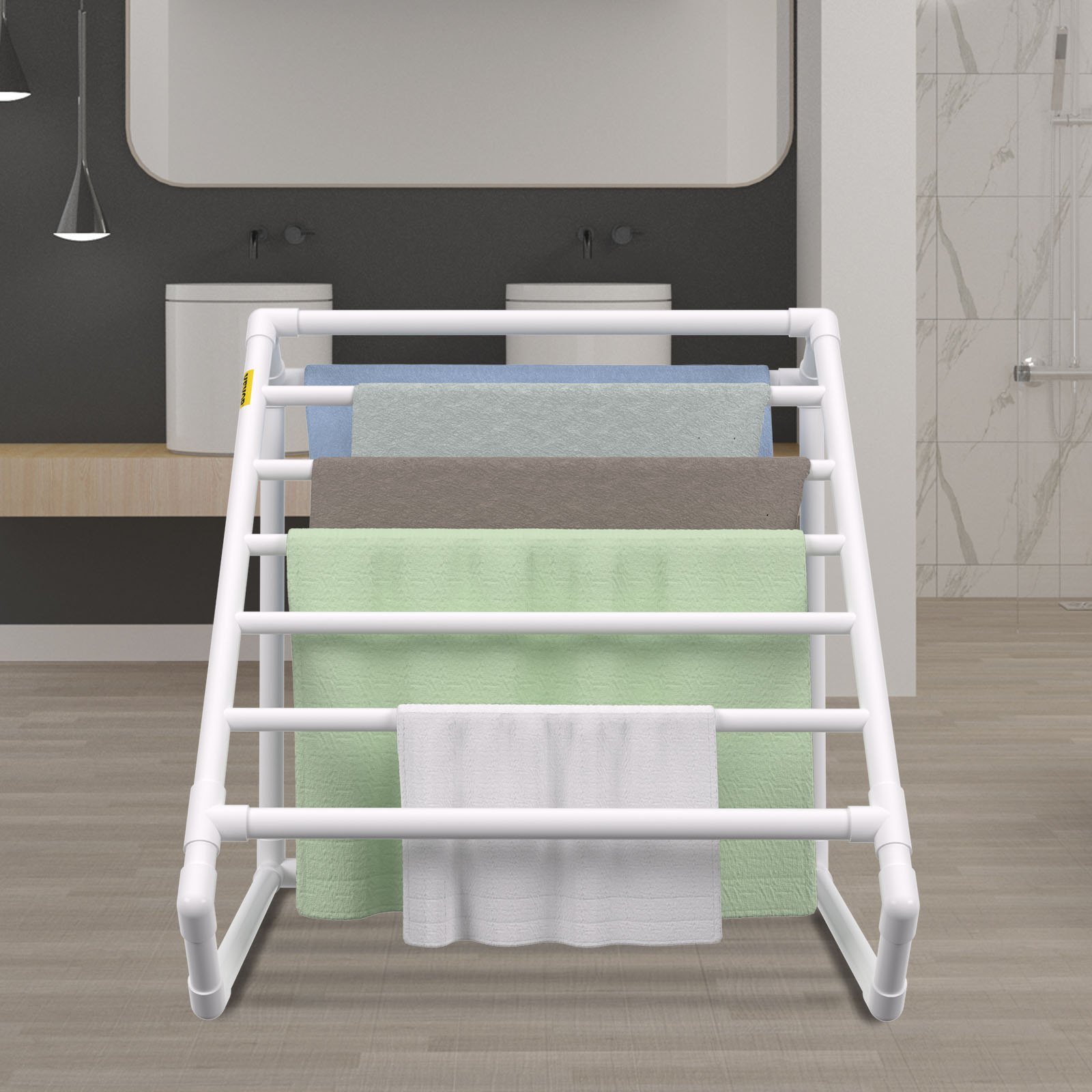 VEVOR Pool Towel Rack, 8 Bar, White, Freestanding Outdoor PVC Triangular Poolside Storage Organizer, Include 8 Towel Clips, Mesh Bag, Hook, Also Stores Floats and Paddles, for Beach, Swimming Pool