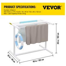 VEVOR Pool Towel Rack, 5 Bar, White, Freestanding Outdoor PVC T-Shape Poolside Storage Organizer, Include 8 Towel Clips, Mesh Bag, Hook, Also Stores Floats and Paddles, for Beach, Swimming Pool, Home