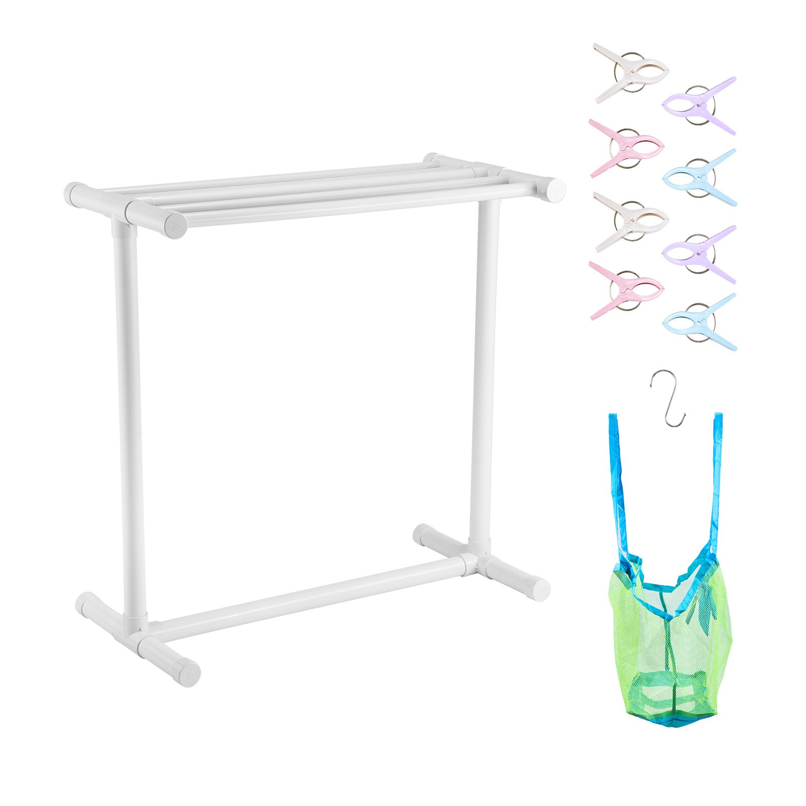 VEVOR Towel Rack, 5 Bars Outdoor PVC Towel Holder, Floor Standing Pool Towel Hanger Stand with Clips, Bag & Hook, Outdoor Indoor Quilt Drying Rack Organizer, Ideal for Poolside, Bathroom, Spa, White