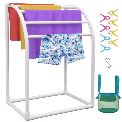 VEVOR Pool Towel Rack, 5 Bar, Milky, Freestanding Outdoor PVC Curved Poolside Storage Organizer, Include 8 Towel Clips, Mesh Bag, Hook, Also Stores Floats and Paddles, for Beach, Swimming Pool, Home