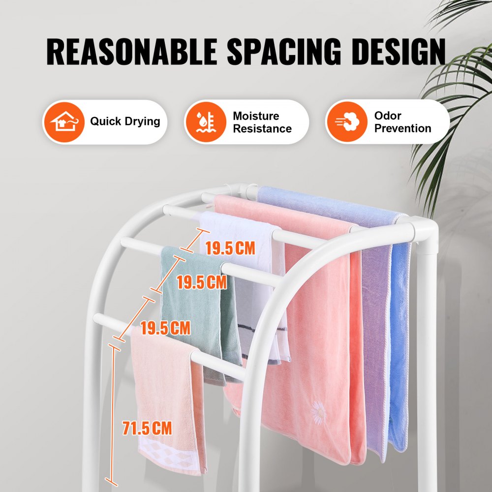 VEVOR Towel Rack, 5 Bars Outdoor PVC Towel Holder, Floor Standing Pool Towel Hanger Stand with Clips, Bag & Hook, Outdoor Indoor Quilt Drying Rack Organizer, Ideal for Poolside, Bathroom, Spa, White