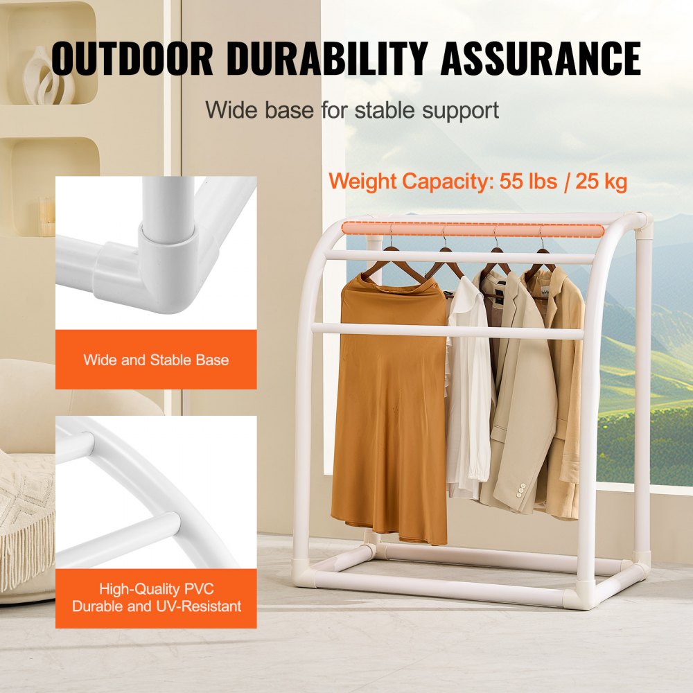 VEVOR Towel Rack, 5 Bars Outdoor PVC Towel Holder, Floor Standing Pool Towel Hanger Stand with Clips, Bag & Hook, Outdoor Indoor Quilt Drying Rack Organizer, Ideal for Poolside, Bathroom, Spa, White