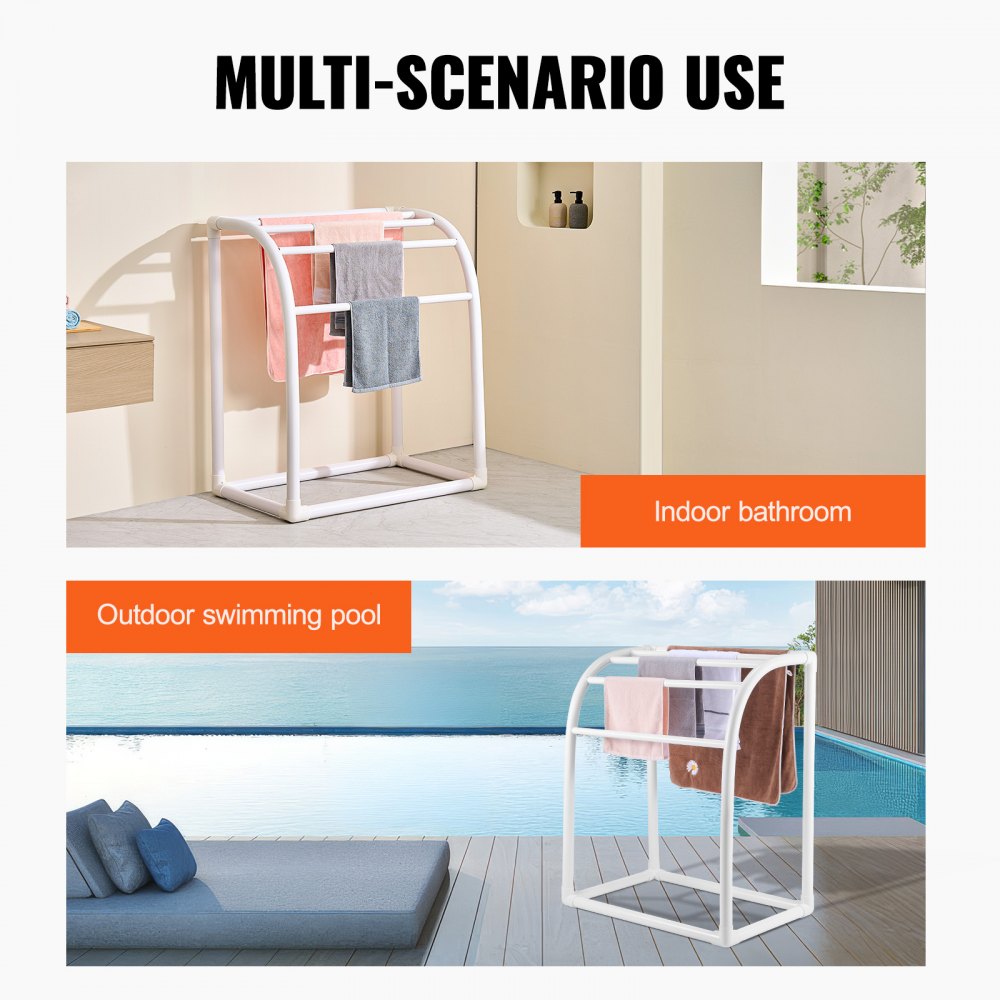 VEVOR Towel Rack, 5 Bars Outdoor PVC Towel Holder, Floor Standing Pool Towel Hanger Stand with Clips, Bag & Hook, Outdoor Indoor Quilt Drying Rack Organizer, Ideal for Poolside, Bathroom, Spa, White