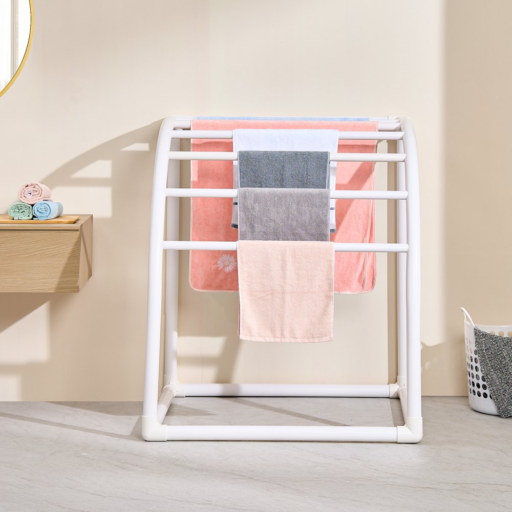 VEVOR Towel Rack, 5 Bars Outdoor PVC Towel Holder, Floor Standing Pool Towel Hanger Stand with Clips, Bag & Hook, Outdoor Indoor Quilt Drying Rack Organizer, Ideal for Poolside, Bathroom, Spa, White