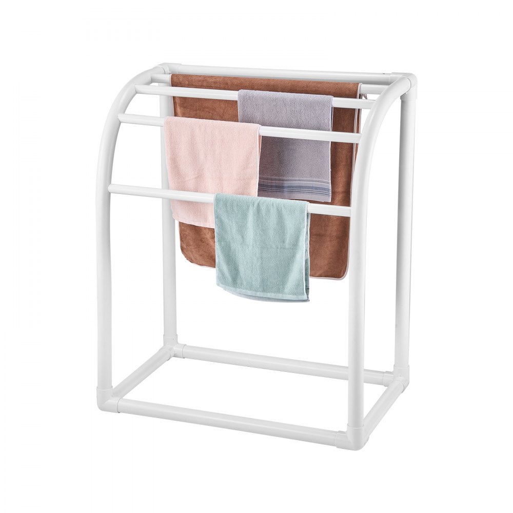 VEVOR Towel Rack, 5 Bars Outdoor PVC Towel Holder, Floor Standing Pool Towel Hanger Stand with Clips, Bag & Hook, Outdoor Indoor Quilt Drying Rack Organizer, Ideal for Poolside, Bathroom, Spa, White