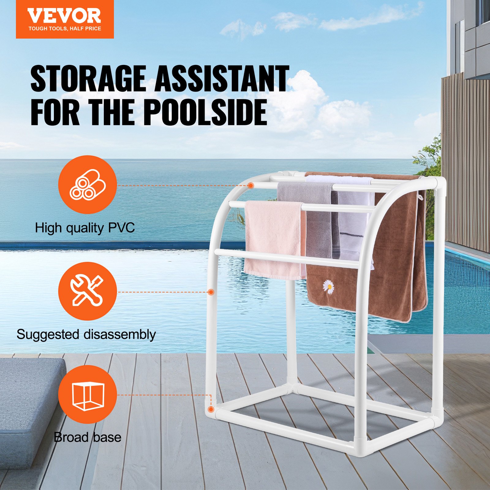 VEVOR Towel Rack, 5 Bars Outdoor PVC Towel Holder, Floor Standing Pool Towel Hanger Stand with Clips, Bag & Hook, Outdoor Indoor Quilt Drying Rack Organizer, Ideal for Poolside, Bathroom, Spa, White