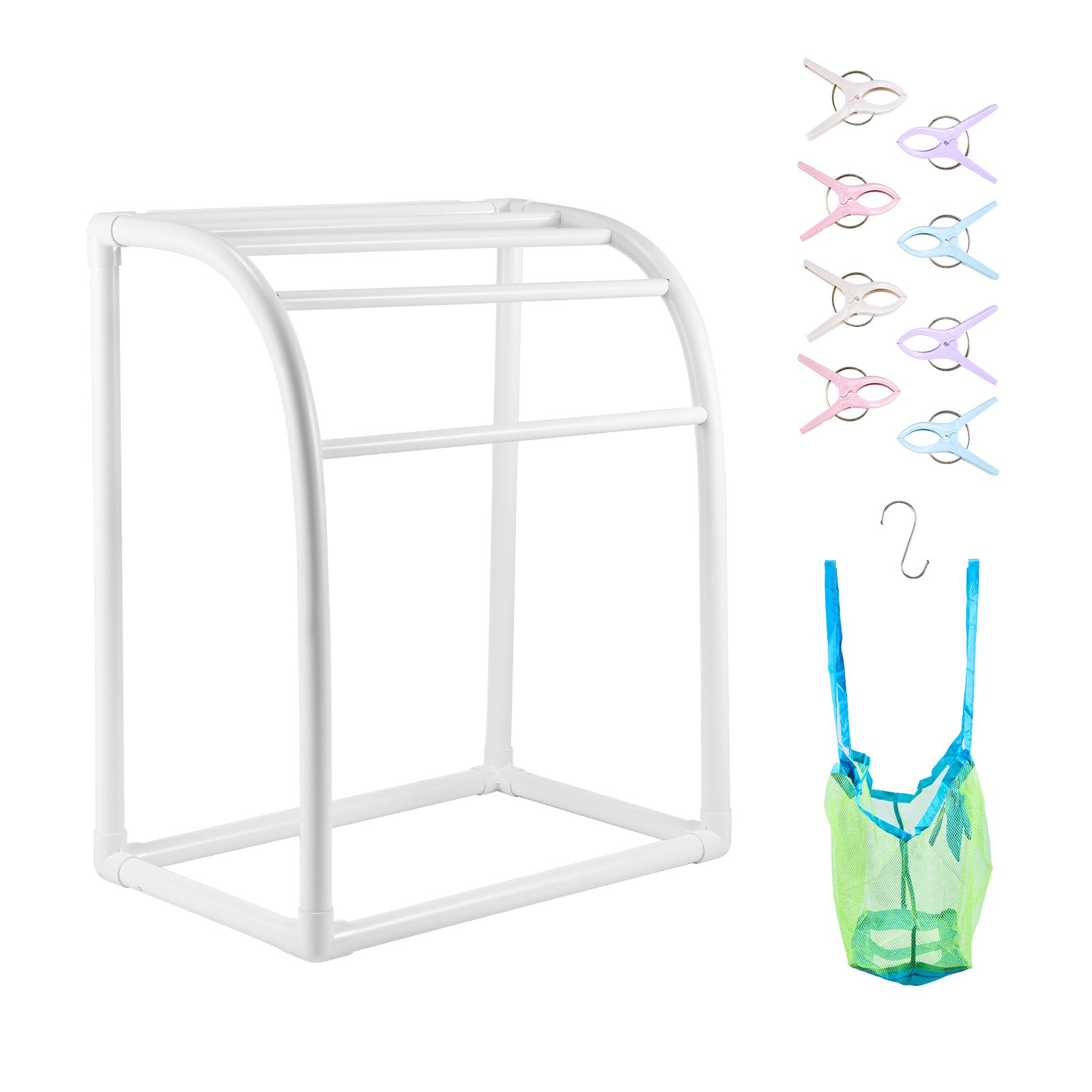 VEVOR Towel Rack, 5 Bars Outdoor PVC Towel Holder, Floor Standing Pool Towel Hanger Stand with Clips, Bag & Hook, Outdoor Indoor Quilt Drying Rack Organizer, Ideal for Poolside, Bathroom, Spa, White