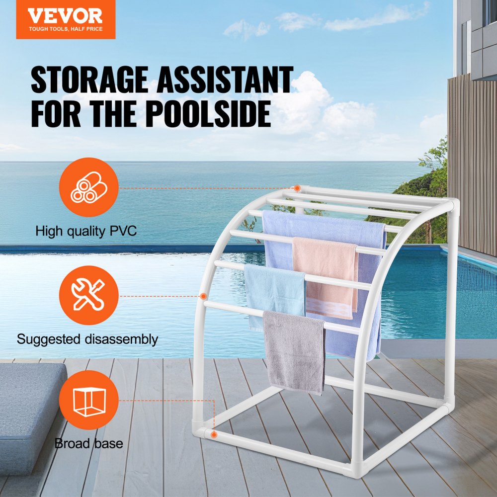 VEVOR Towel Rack, 7 Bars Outdoor PVC Towel Holder, Floor Standing Pool Towel Hanger Stand with Clips, Bag & Hook, Outdoor Indoor Quilt Drying Rack Organizer, Ideal for Poolside, Bathroom, Spa, White