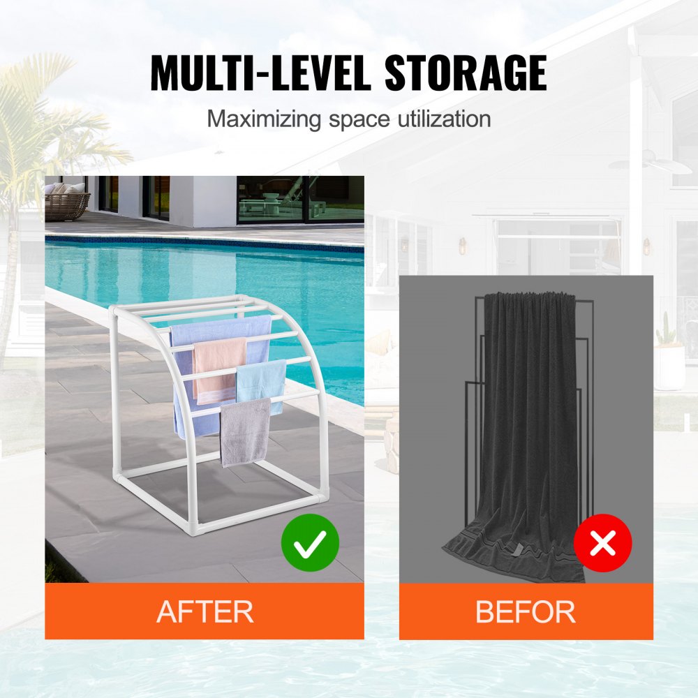 VEVOR Towel Rack, 7 Bars Outdoor PVC Towel Holder, Floor Standing Pool Towel Hanger Stand with Clips, Bag & Hook, Outdoor Indoor Quilt Drying Rack Organizer, Ideal for Poolside, Bathroom, Spa, White