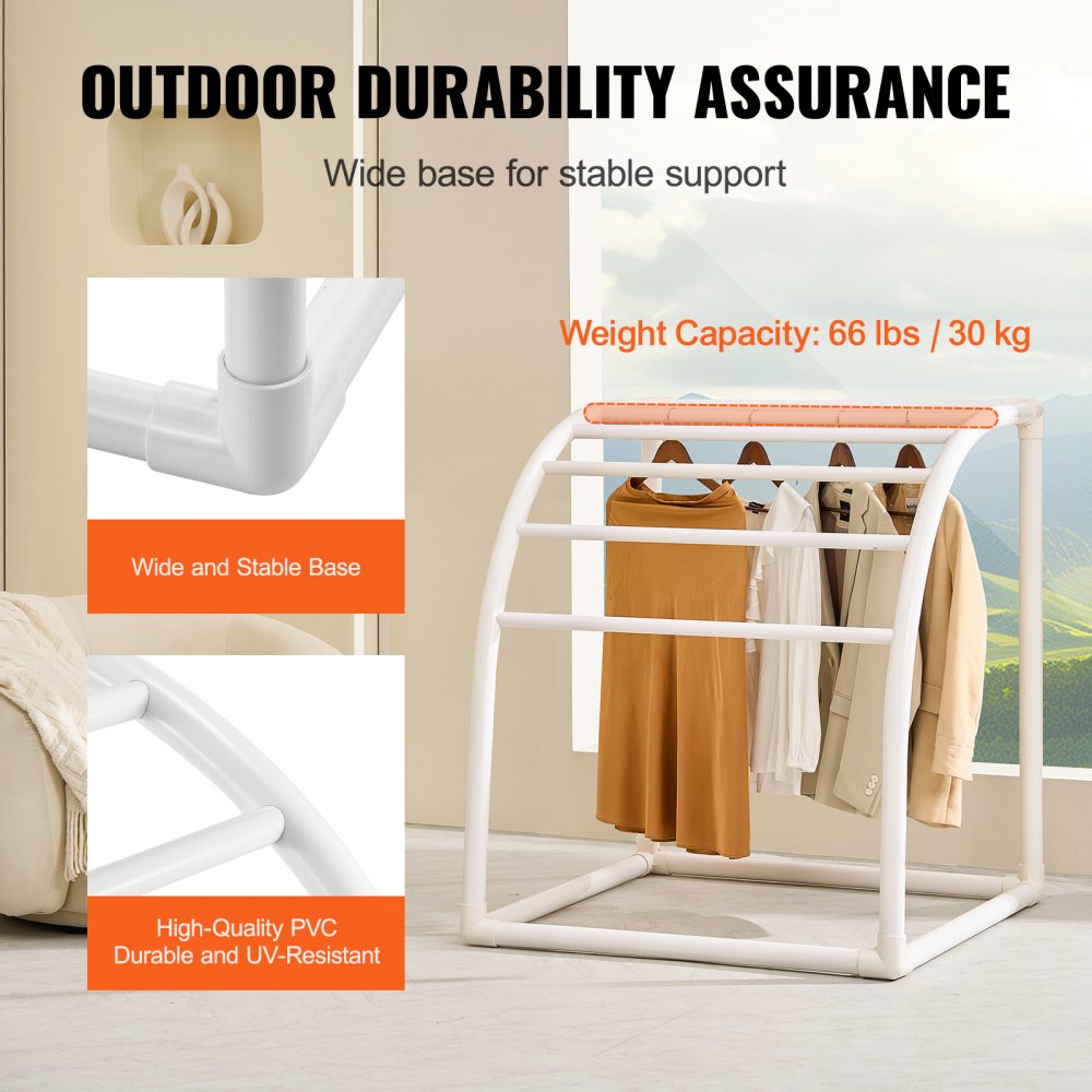 VEVOR Towel Rack, 7 Bars Outdoor PVC Towel Holder, Floor Standing Pool Towel Hanger Stand with Clips, Bag & Hook, Outdoor Indoor Quilt Drying Rack Organizer, Ideal for Poolside, Bathroom, Spa, White