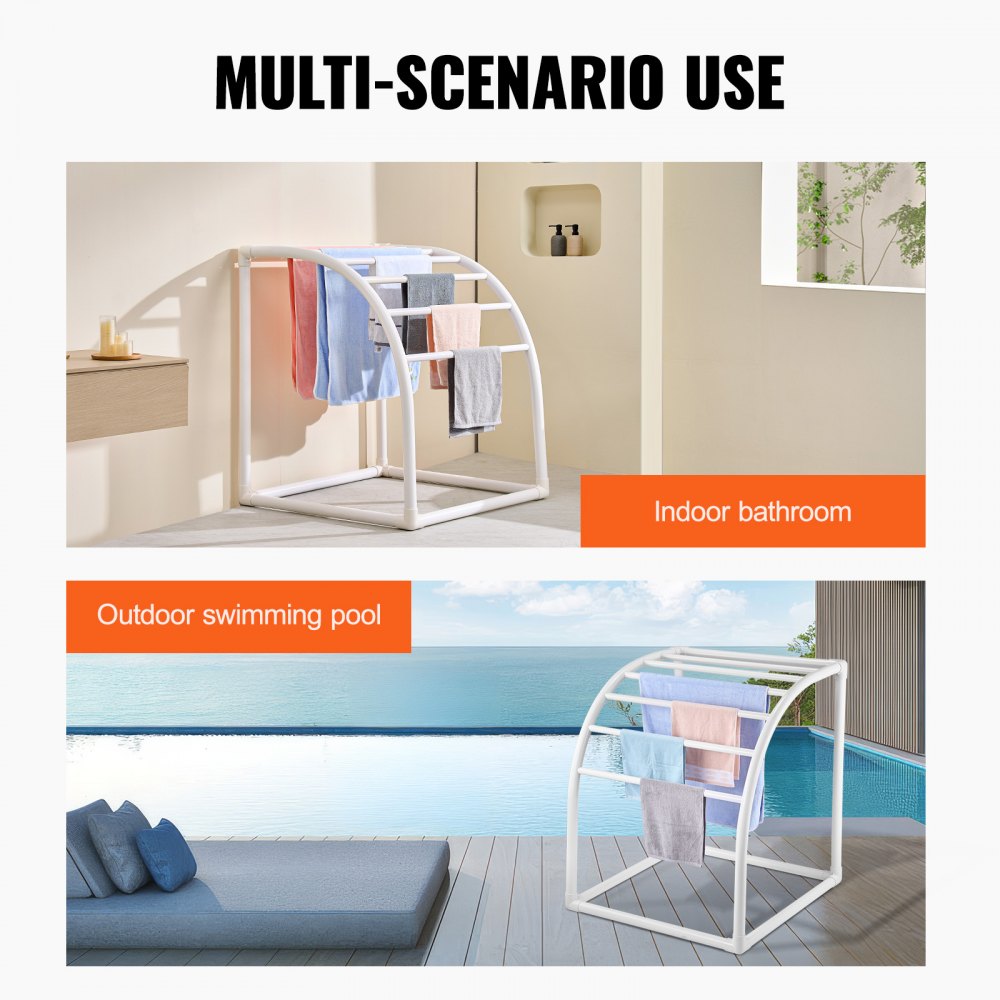 VEVOR Towel Rack, 7 Bars Outdoor PVC Towel Holder, Floor Standing Pool Towel Hanger Stand with Clips, Bag & Hook, Outdoor Indoor Quilt Drying Rack Organizer, Ideal for Poolside, Bathroom, Spa, White