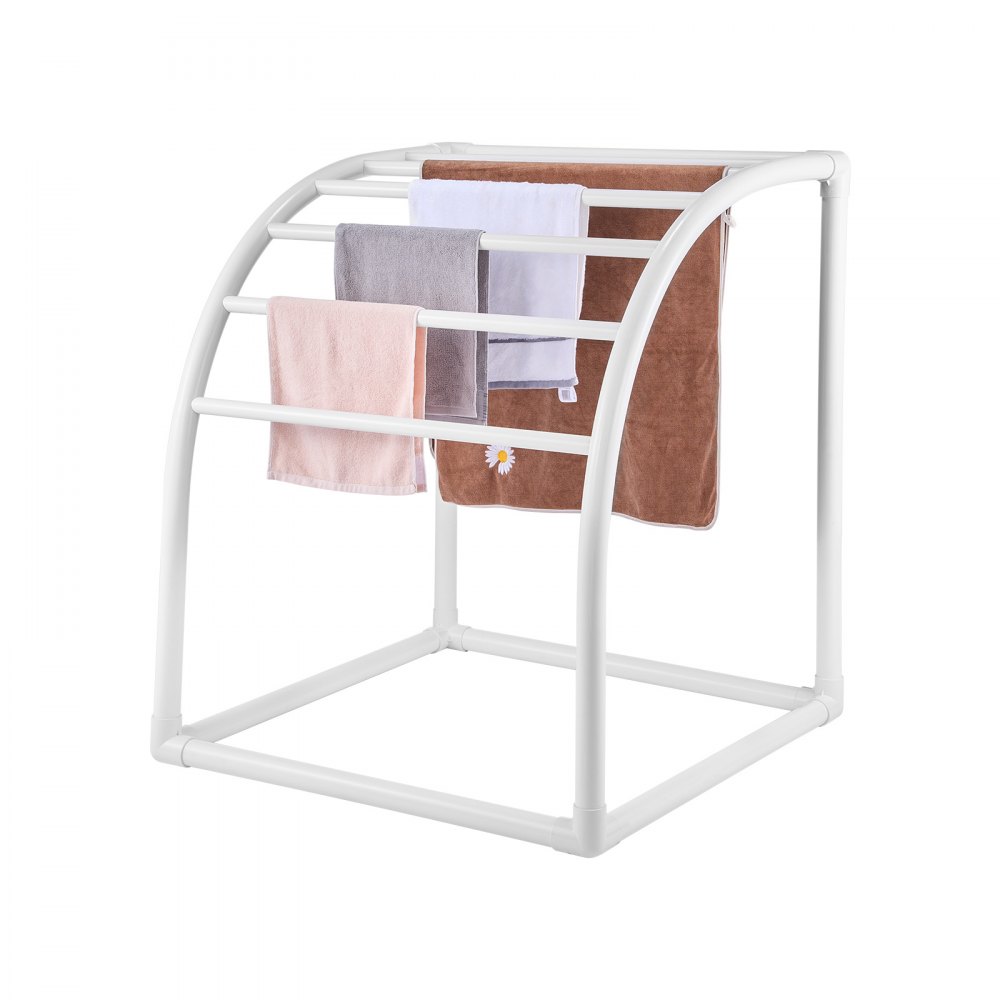 VEVOR Towel Rack, 7 Bars Outdoor PVC Towel Holder, Floor Standing Pool Towel Hanger Stand with Clips, Bag & Hook, Outdoor Indoor Quilt Drying Rack Organizer, Ideal for Poolside, Bathroom, Spa, White