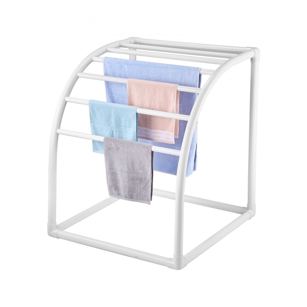 VEVOR Towel Rack, 7 Bars Outdoor PVC Towel Holder, Floor Standing Pool Towel Hanger Stand with Clips, Bag & Hook, Outdoor Indoor Quilt Drying Rack Organizer, Ideal for Poolside, Bathroom, Spa, White