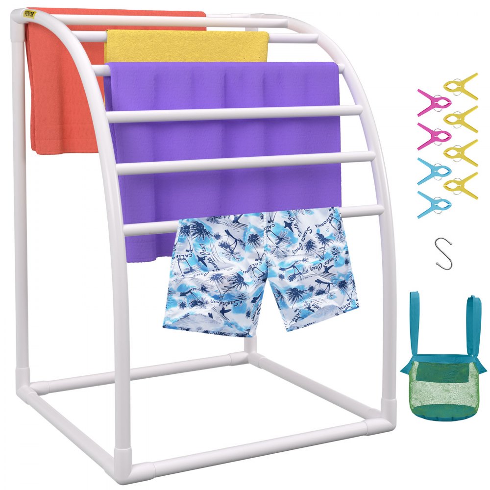 VEVOR Pool Towel Rack, 7 Bar, White, Freestanding Outdoor PVC Curved Poolside Storage Organizer, Include 8 Towel Clips, Mesh Bag, Hook, Also Stores Floats and Paddles, for Beach, Swimming Pool, Home