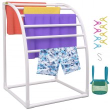 VEVOR Pool Towel Rack, 7 Bar, White, Freestanding Outdoor PVC Curved Poolside Storage Organizer, Include 8 Towel Clips, Mesh Bag, Hook, Also Stores Floats and Paddles, for Beach, Swimming Pool, Home