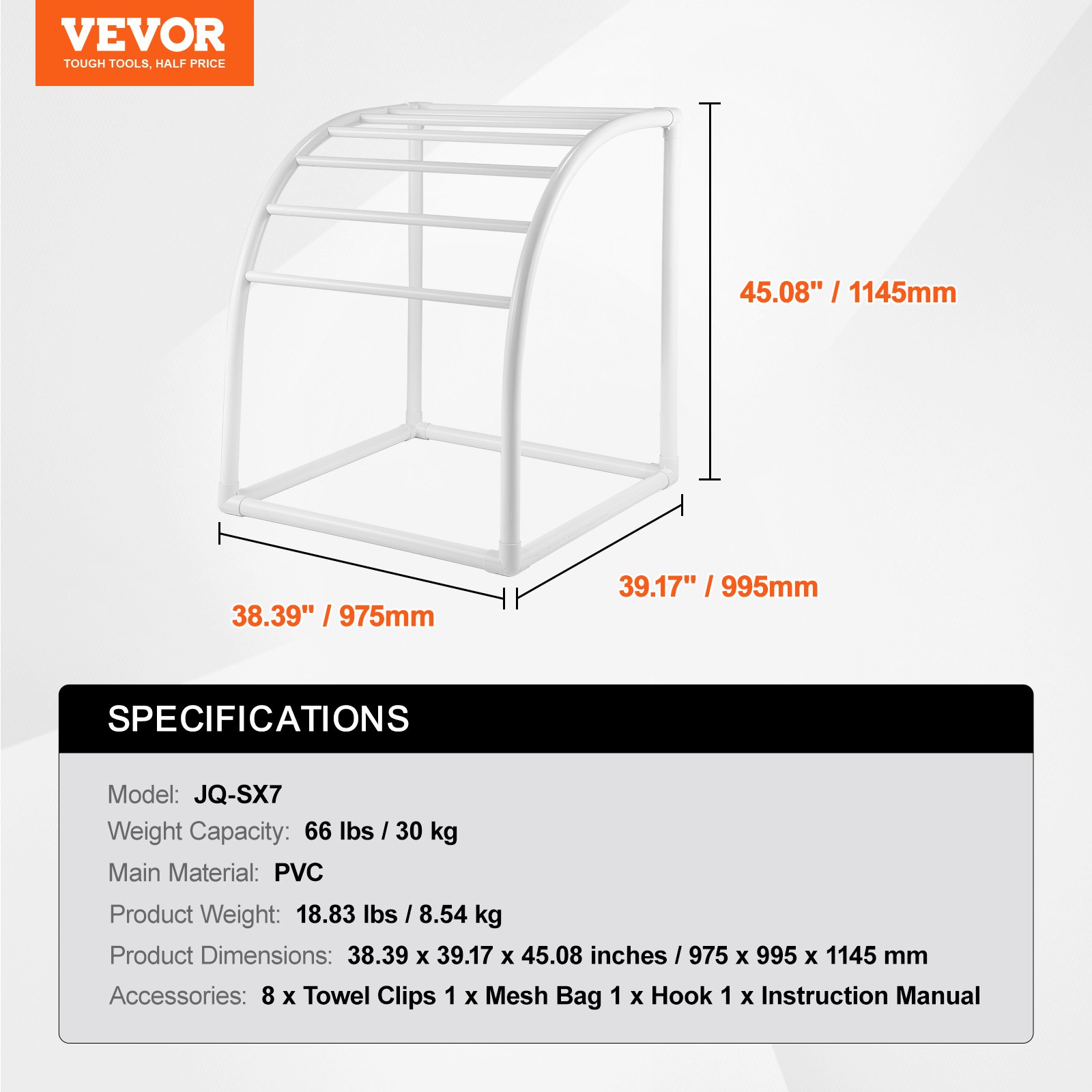 VEVOR Towel Rack, 7 Bars Outdoor PVC Towel Holder, Floor Standing Pool Towel Hanger Stand with Clips, Bag & Hook, Outdoor Indoor Quilt Drying Rack Organizer, Ideal for Poolside, Bathroom, Spa, White