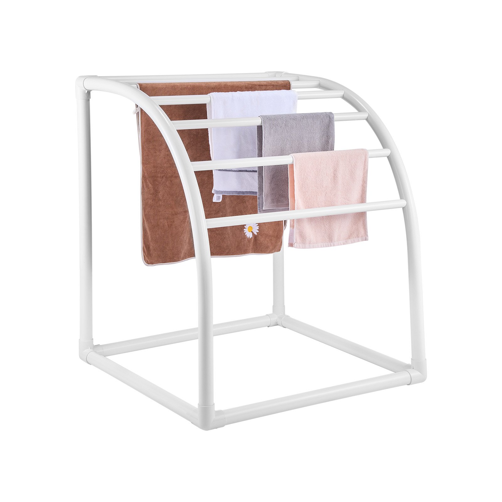 VEVOR Towel Rack, 7 Bars Outdoor PVC Towel Holder, Floor Standing Pool Towel Hanger Stand with Clips, Bag & Hook, Outdoor Indoor Quilt Drying Rack Organizer, Ideal for Poolside, Bathroom, Spa, White