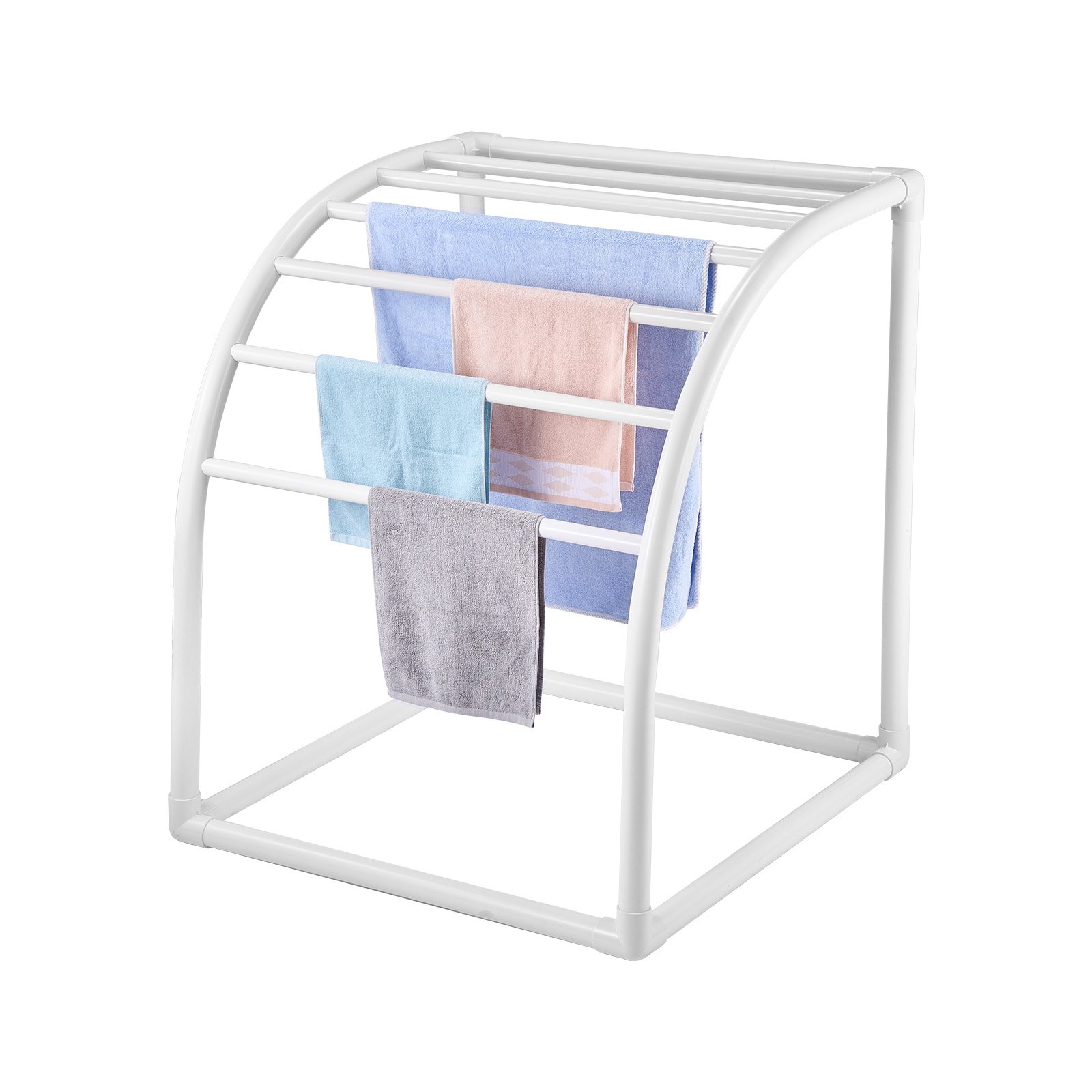 VEVOR Towel Rack, 7 Bars Outdoor PVC Towel Holder, Floor Standing Pool Towel Hanger Stand with Clips, Bag & Hook, Outdoor Indoor Quilt Drying Rack Organizer, Ideal for Poolside, Bathroom, Spa, White