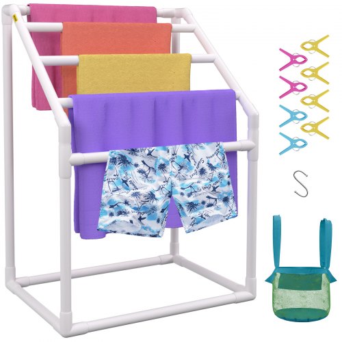 VEVOR Pool Towel Rack, 5 Bar, White, Freestanding Outdoor PVC Trapedozal Poolside Storage Organizer, Include 8 Towel Clips, Mesh Bag, Hook, Also Stores Floats and Paddles, for Beach, Swimming Pool