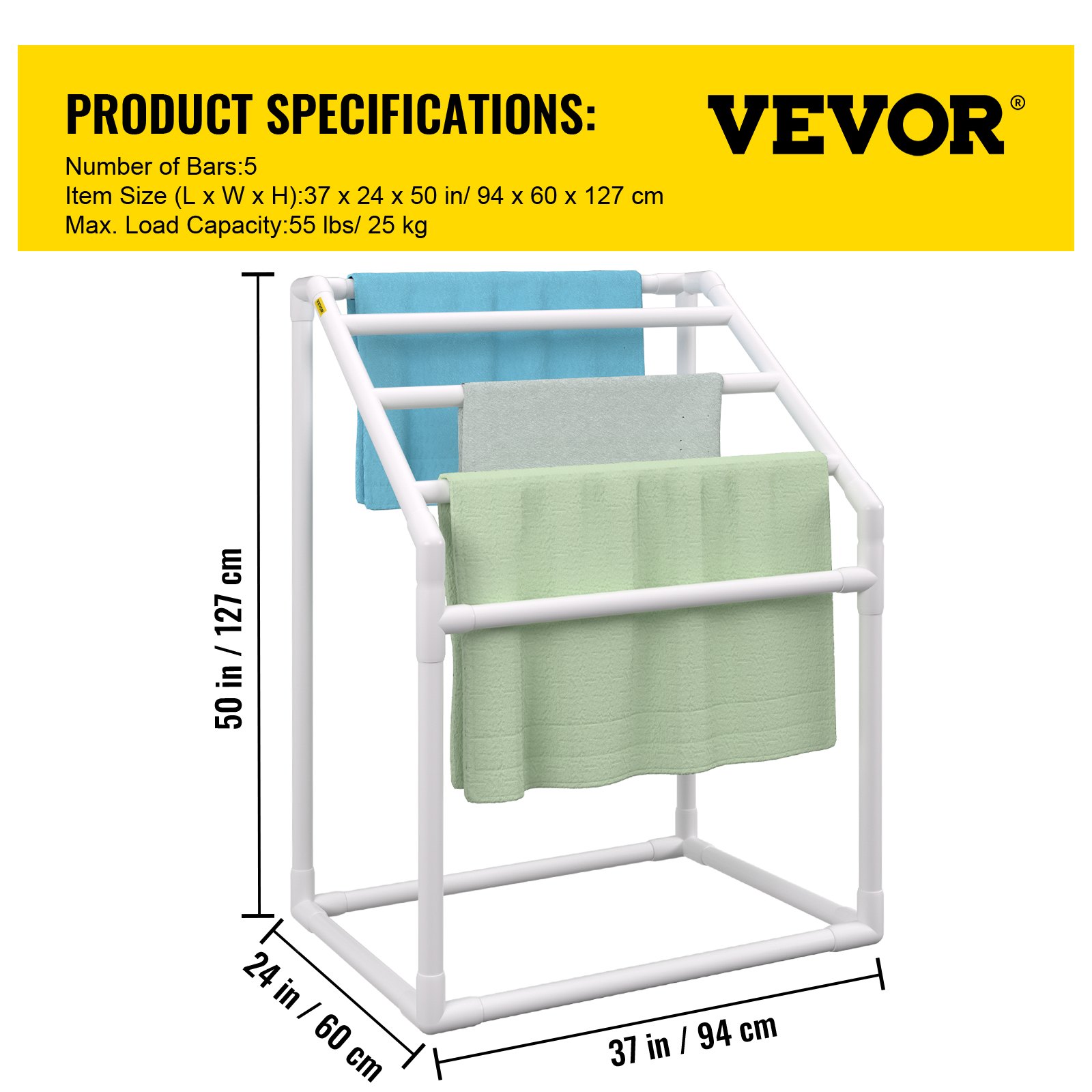 VEVOR Towel Rack, 5 Bars Outdoor PVC Towel Holder, Freestanding Pool Towel Hanger Stand with Clips, Bag & Hook, Outdoor Indoor Quilt Drying Rack Organizer, Ideal for Poolside, Bathroom, Spa, White