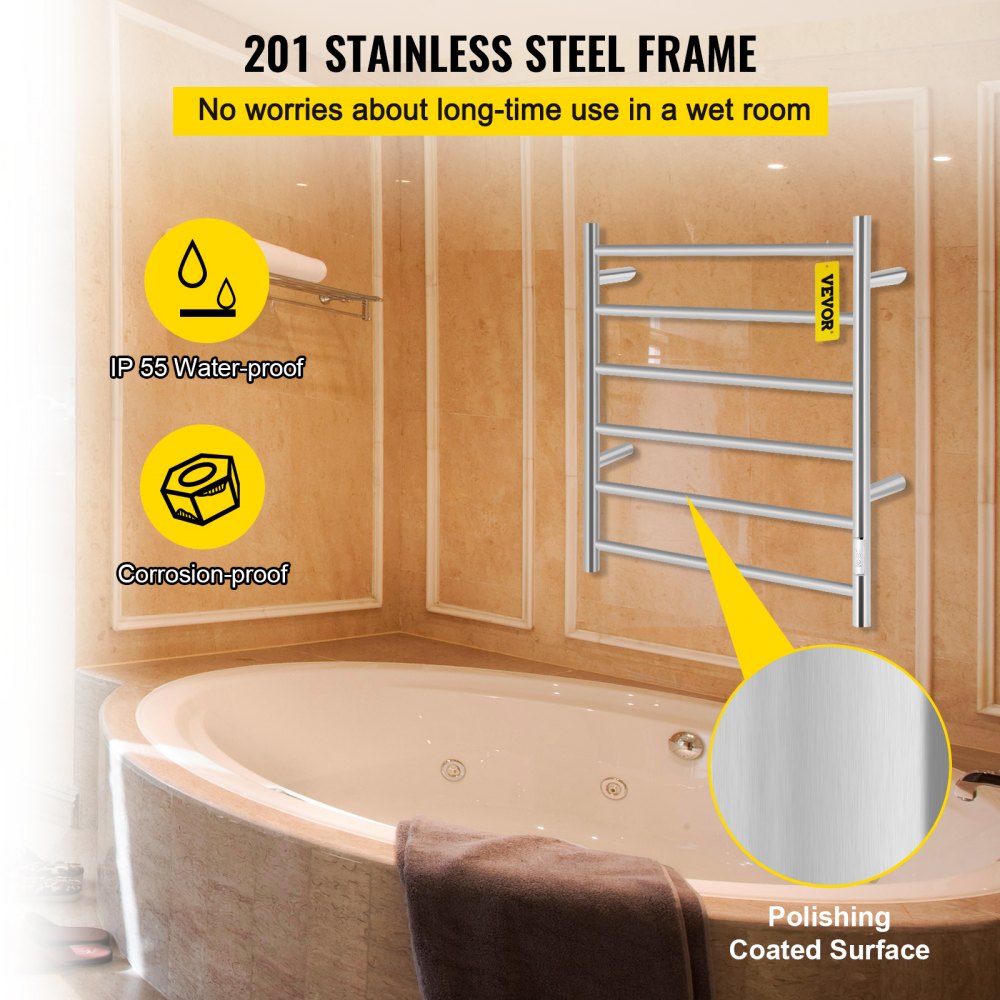 VEVOR Heated Towel Rack Electric Clothes Heater Warmer 6 Bars 620x600mm Silver