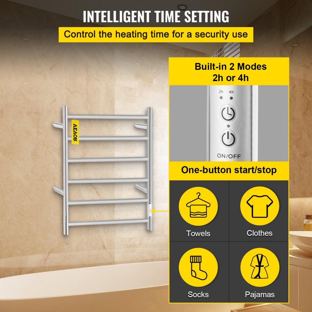 VEVOR Heated Towel Rack Electric Clothes Heater Warmer 6 Bars 620x600mm Silver