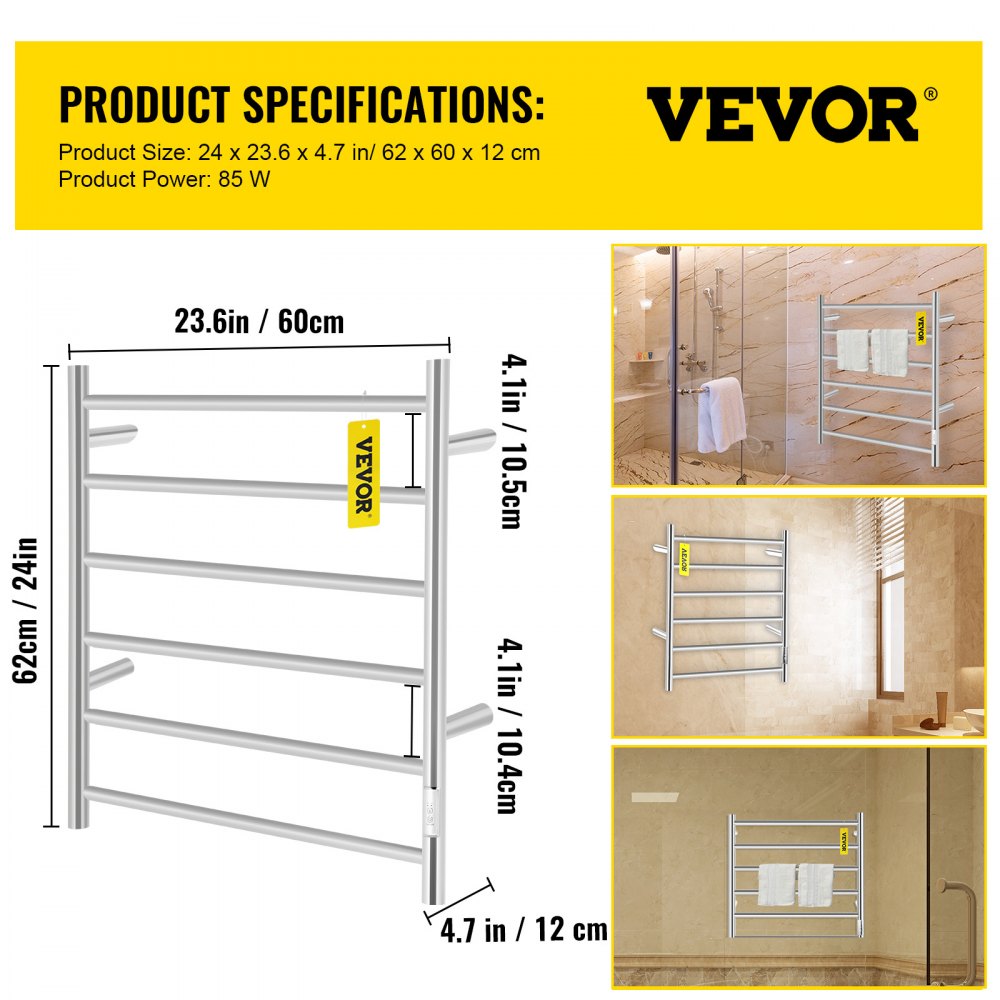 VEVOR Heated Towel Rack Electric Clothes Heater Warmer 6 Bars 620x600mm Silver