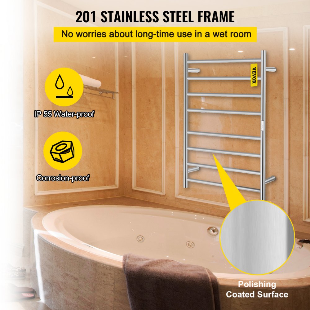 VEVOR Heated Towel Rack Electric Clothes Heater Warmer 8 Bars 830x600mm Silver