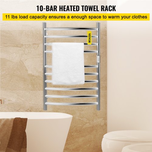 VEVOR Heated Towel Rack, 10 Bars Curved Design, Mirror Polished Stainless Steel Electric Towel Warmer with Built-in Timer, Wall-Mounted for Bathroom, Plug-in/Hardwired, UL Certificated, Silver