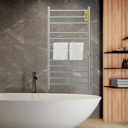 VEVOR Heated Towel Rack, 12-Bar Towel Warmer Rack, Wall Mounted Electric Towel Warmer, Electric Towel Drying Rack with Timer, Polished Stainless Steel Heated Towel Warmer for Bath, Plug-in/Hardwired